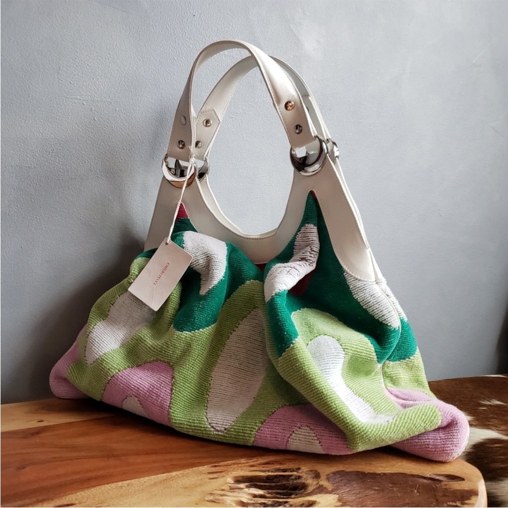 EMILIO PUCCI VINTAGE SLOUCHY WHITE LEATHER, TERRY CLOTH HOBO/TOTE EX-LARGE …